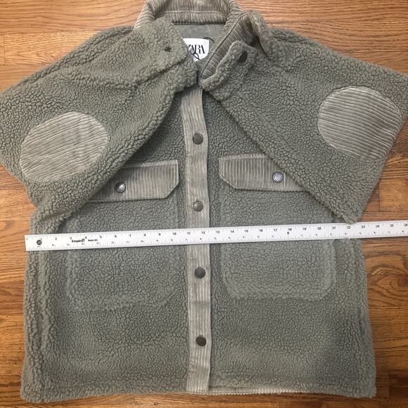 Zara Women's Green Sherpa Jacket With Pockets Size Large Corduroy Accents - Picture 6 of 11
